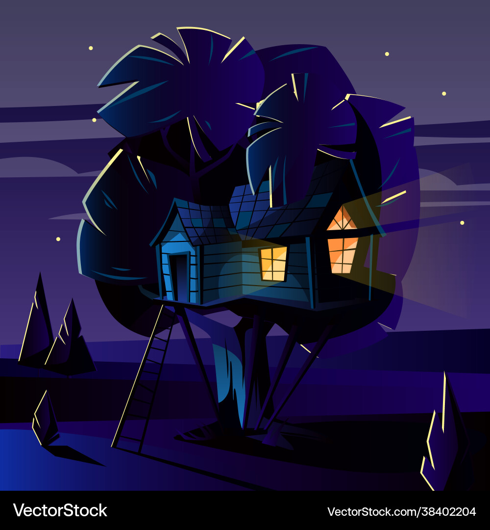 Cartoon tree house at night evening Cartoon tree house at night evening Vector Image