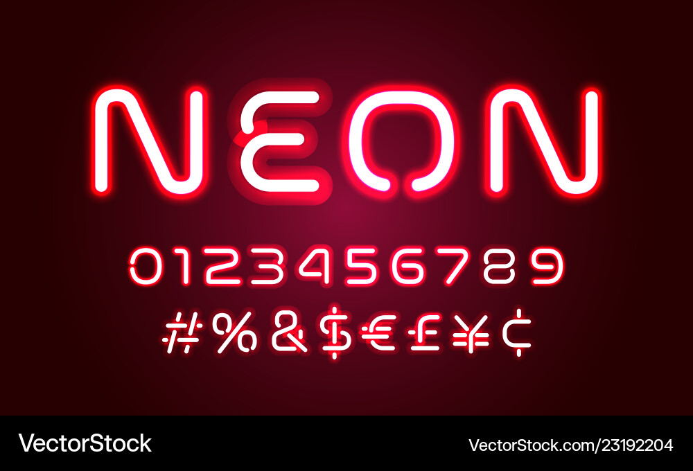 Neon light alphabet font numbers and special Neon light alphabet font numbers and special vector image