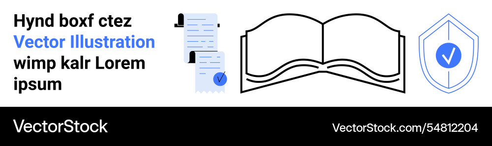 Open book documents with checkmark shield Open book documents with checkmark shield vector image