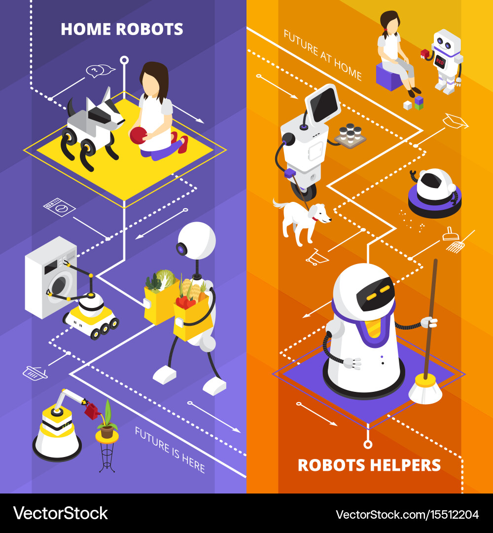 Robots helpers vertical isometric banners vector image