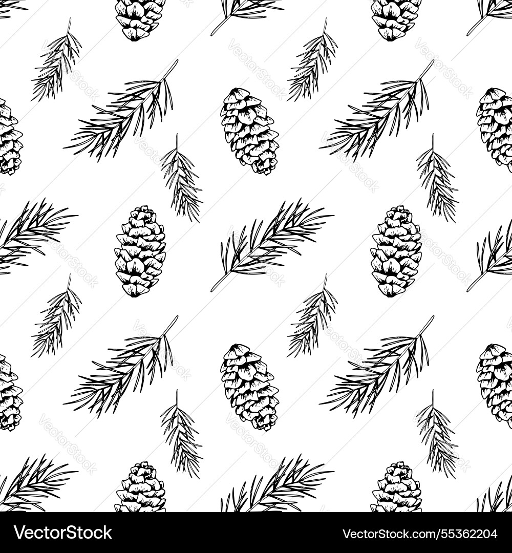 Seamless pattern of line art pine branch and cones Seamless pattern of line art pine branch and cones Vector Image