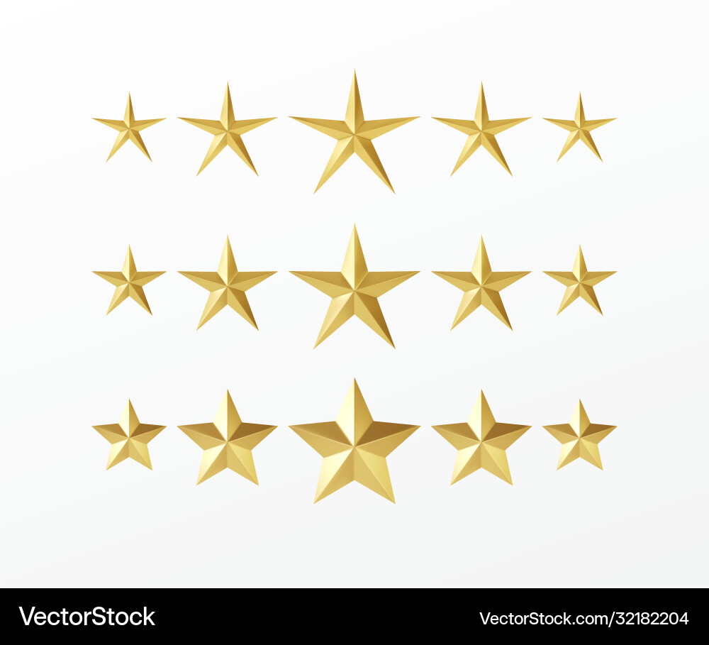 Set golden realistic stars with different rays Set golden realistic stars with different rays vector image