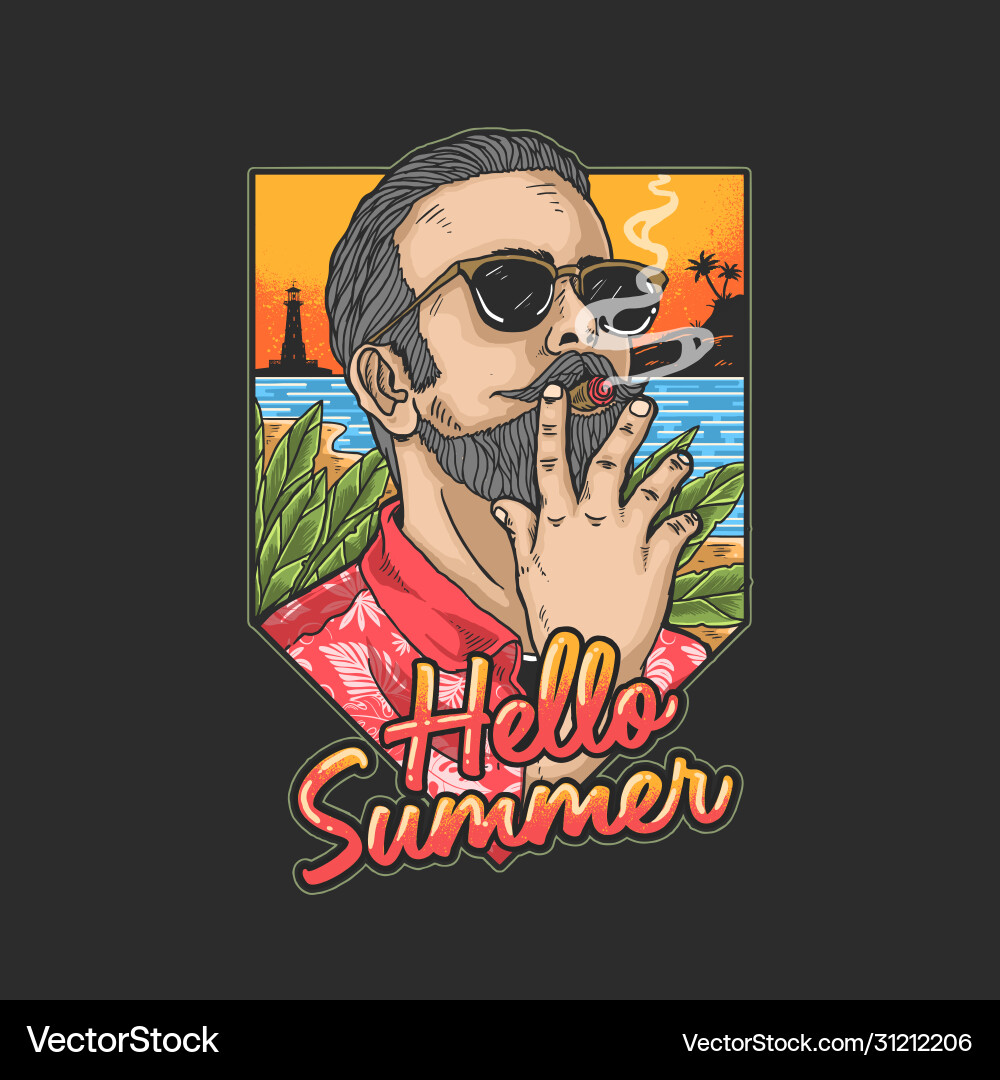 Cool man is on vacation a tropical beach while vector image