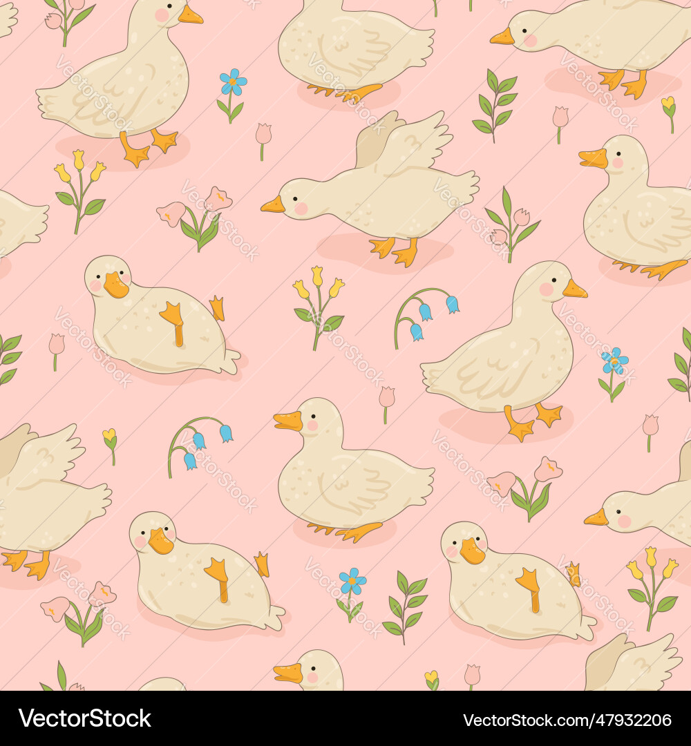Cute Duck and Flower Pattern Vector Image
