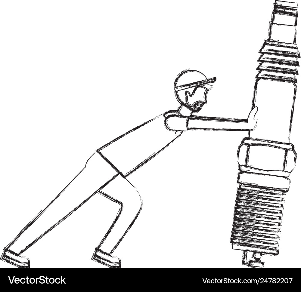 Mechanic worker with spark plug engine Mechanic worker with spark plug engine Vector Image