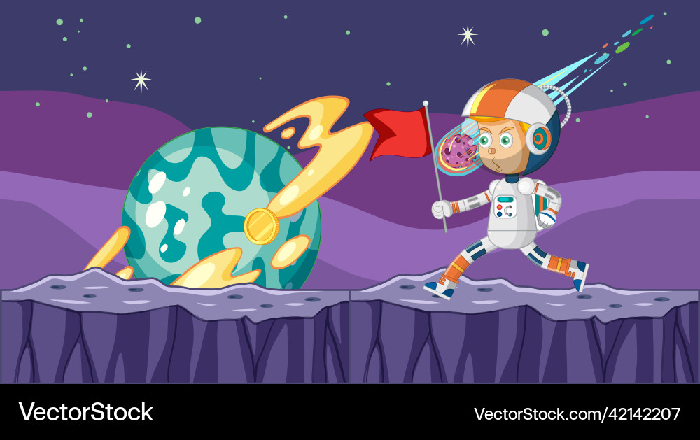 Scene with astronaut putting flag on planet Scene with astronaut putting flag on planet Vector Image