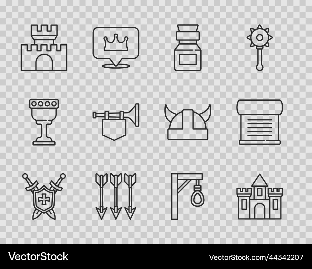 Set line medieval shield with swords castle Set line medieval shield with swords castle vector image