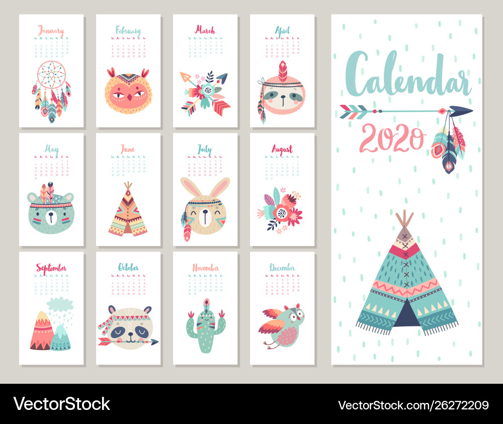 Calendar 2020 cute monthly with forest Calendar 2020 cute monthly with forest vector image