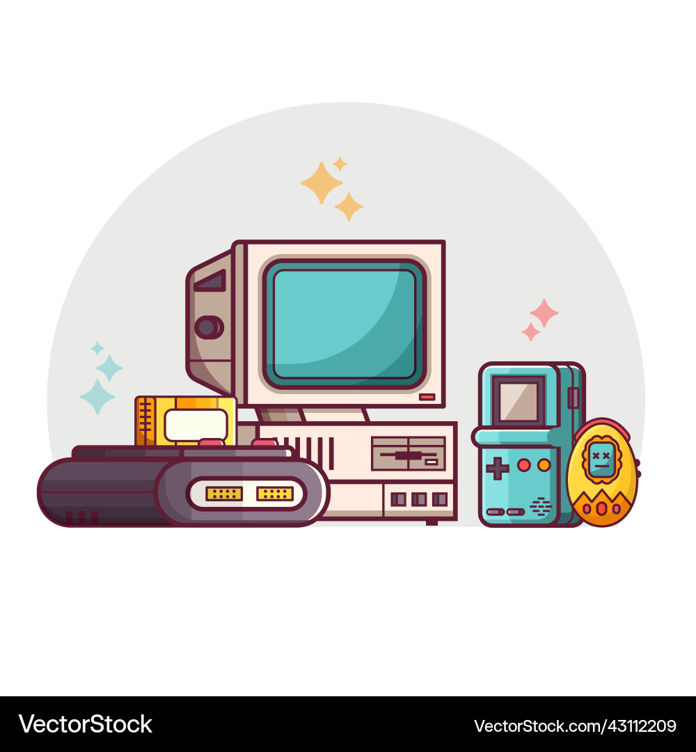 Retro tech devices scene in line art Retro tech devices scene in line art vector image