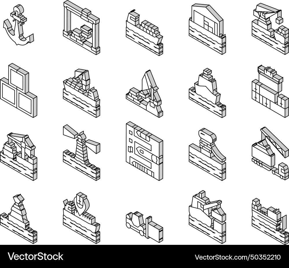 Container port tool collection isometric icons set Container port tool collection isometric icons set vector image