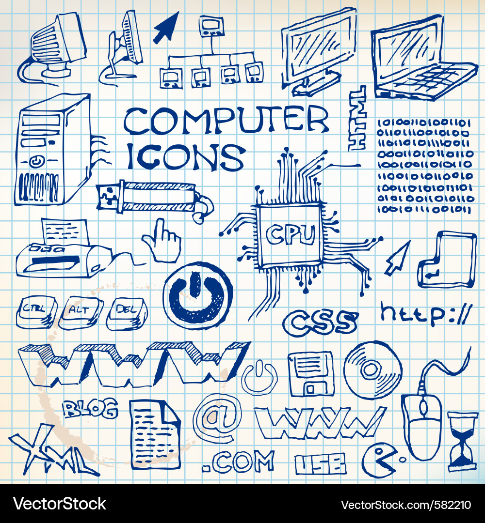 Doodle Computer Icons Set Vector Image