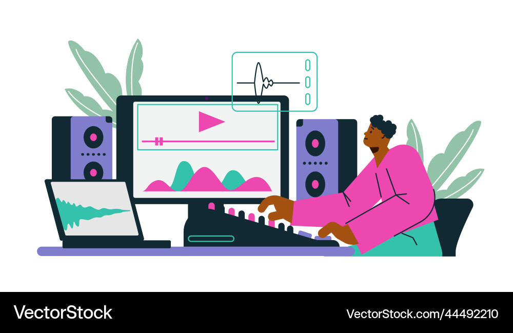 Sound designer working on computer flat Vector Image