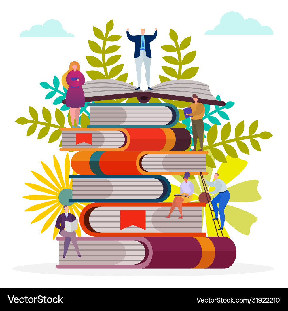 Student character at book stack Student character at book stack vector image