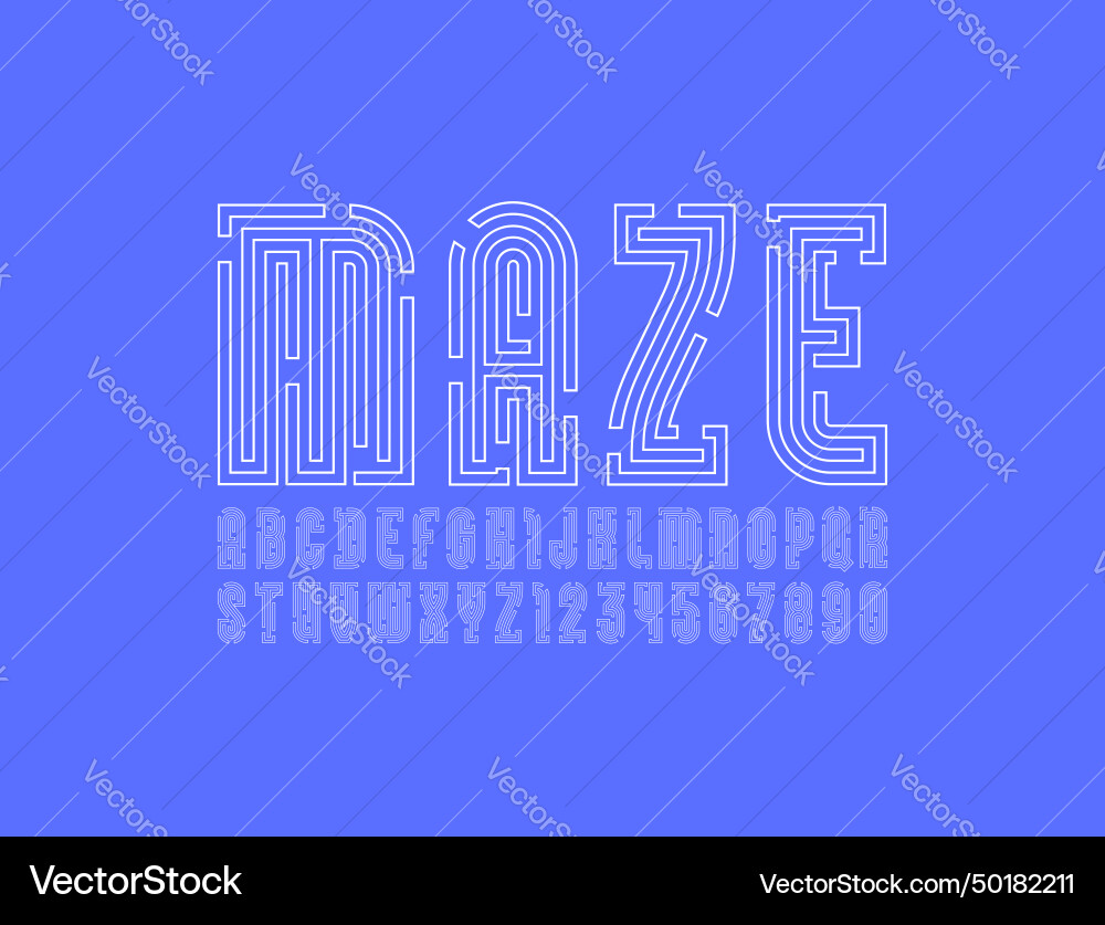 Contour geometric font from thin line maze style Contour geometric font from thin line maze style vector image