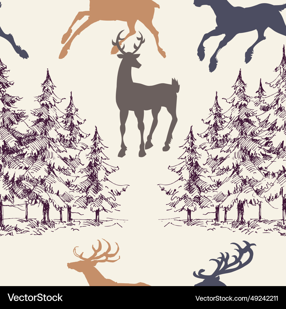Pine trees forest and deers seamless pattern Pine trees forest and deers seamless pattern vector image