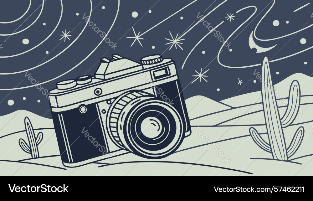 Retro camera in desert with cactus flat art Vector Image