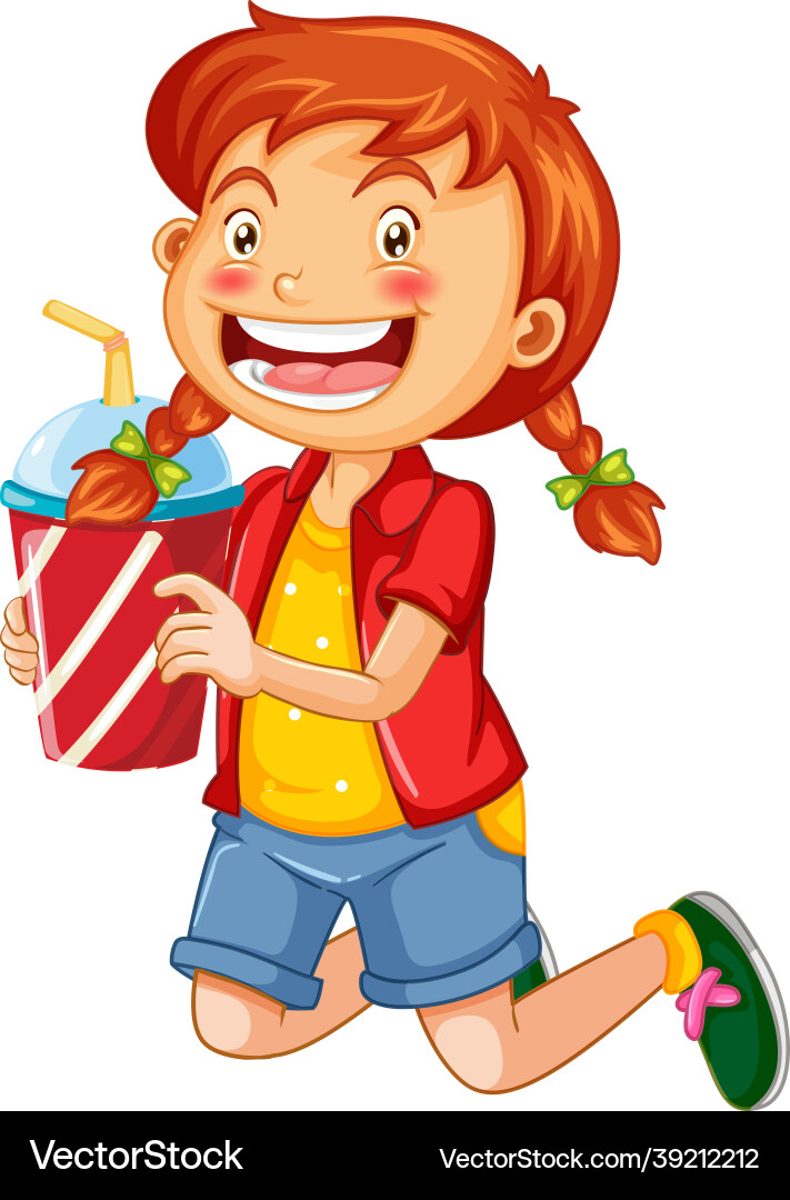 Ein nettes Mädchen das Trinkbecher Cartoon Charakter hält Ein nettes Mädchen das Trinkbecher Cartoon Charakter hält vektorbild