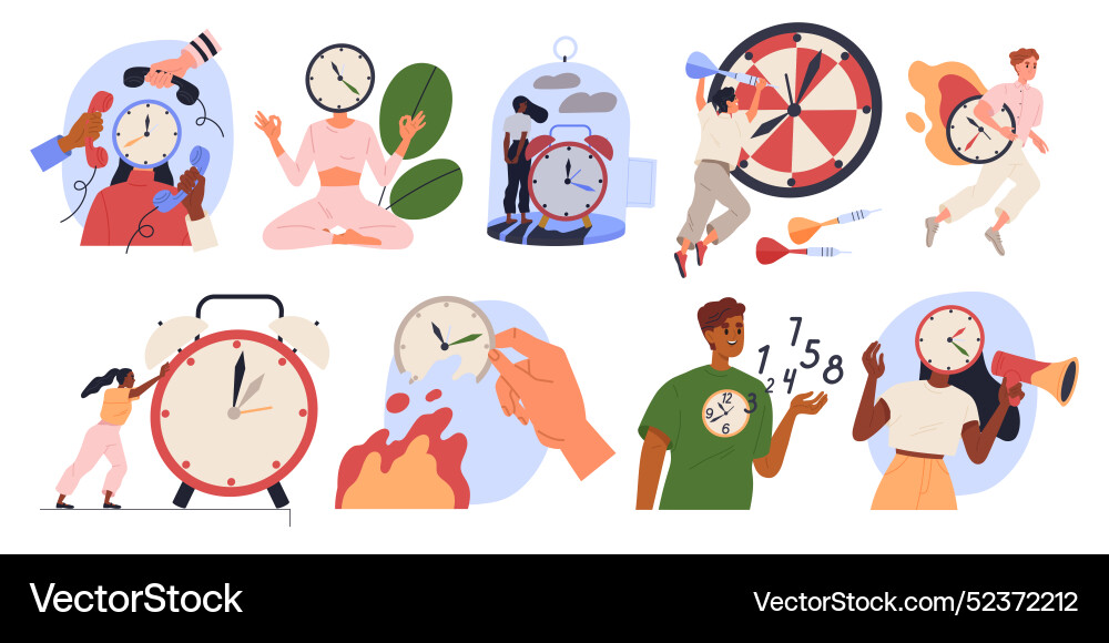 People with clock characters interact time vector image