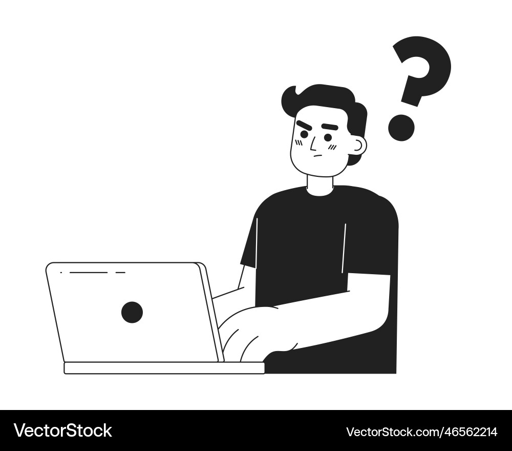 Confused programmer with laptop monochromatic Confused programmer with laptop monochromatic vector image