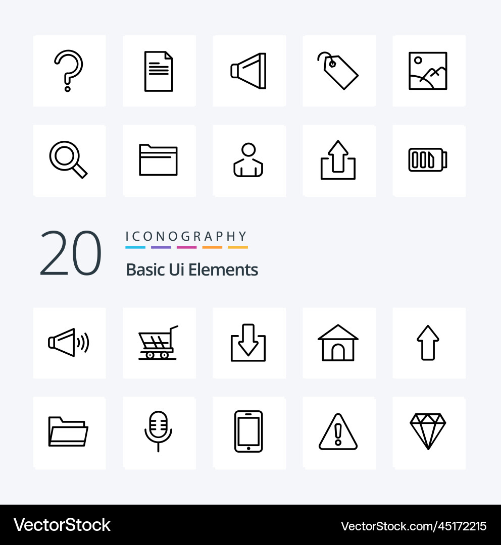 20 grundlegende ui-Elemente-Linien-Ikone wie Frage Vektorbild