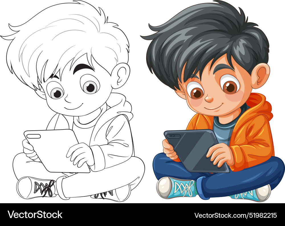 Child sitting and using a tablet device Child sitting and using a tablet device vector image