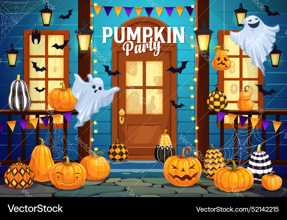 Halloween pumpkin party porch with ghost and bats Halloween pumpkin party porch with ghost and bats vector image