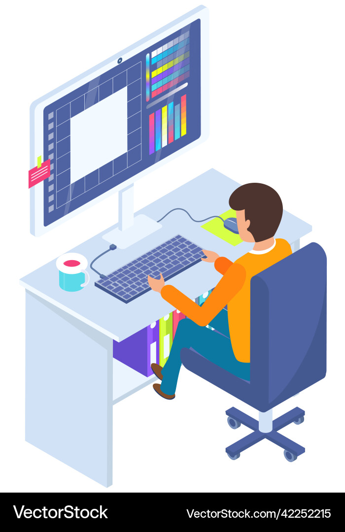 Mann arbeitet in Grafik-Editor-Programm für Malerei Mann arbeitet in Grafik-Editor-Programm für Malerei Vektorbild