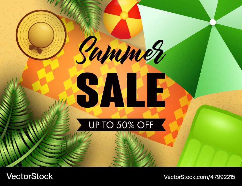 Summer sale lettering with beach mat hat Summer sale lettering with beach mat hat vector image