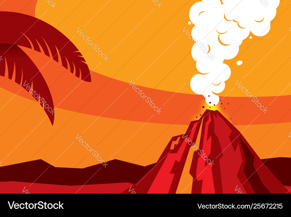 Vulcan landscape in red tones with palm tree vector image