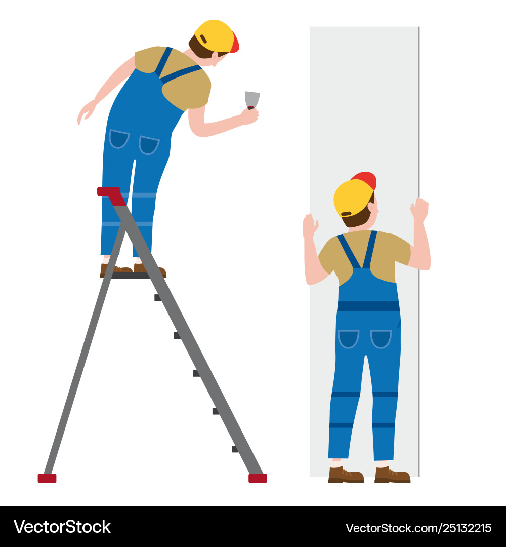 Workers put plaster on a stepladder installing Workers put plaster on a stepladder installing vector image