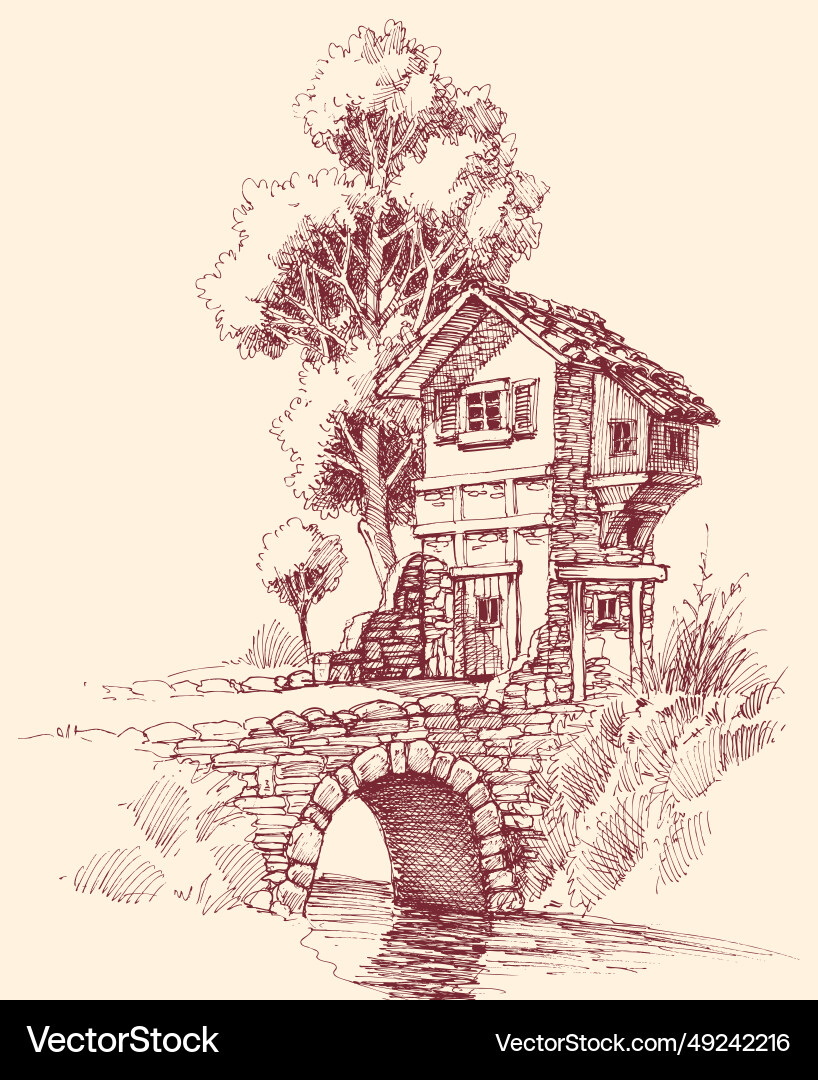 Rustic house exterior sketch stone bridge Rustic house exterior sketch stone bridge vector image