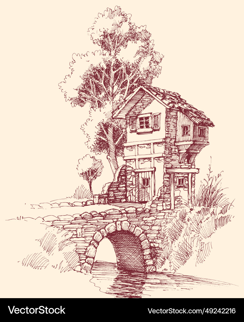 Rustic house exterior sketch stone bridge vector image