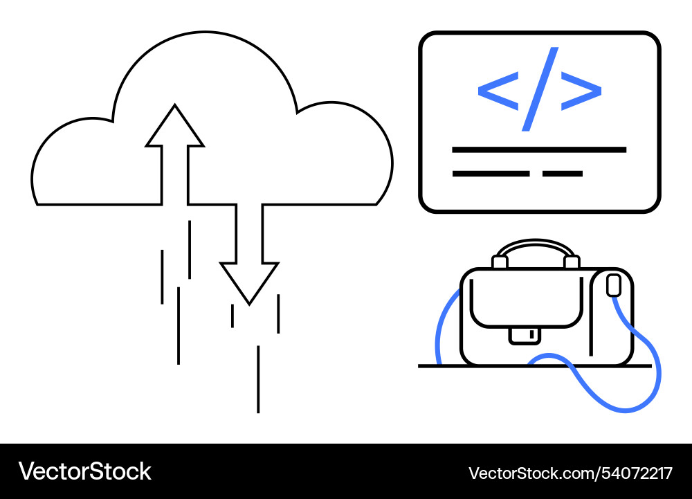 Cloud Computing mit Codierung Bildschirm und Laptoptasche Vektorbild