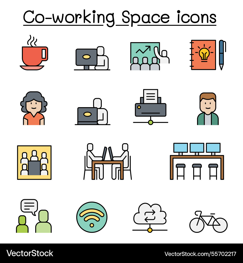 Co working space icon set in colorline style Co working space icon set in colorline style vector image