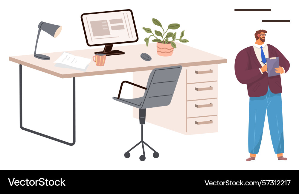 Modern workspace with desk setup and confident vector image