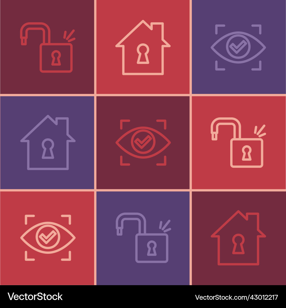 Set line open padlock eye scan and house under Vector Image