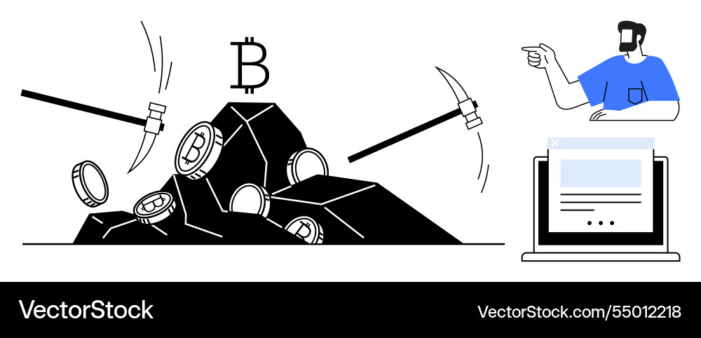 Bitcoin mining process depicted with pickaxes Vector Image