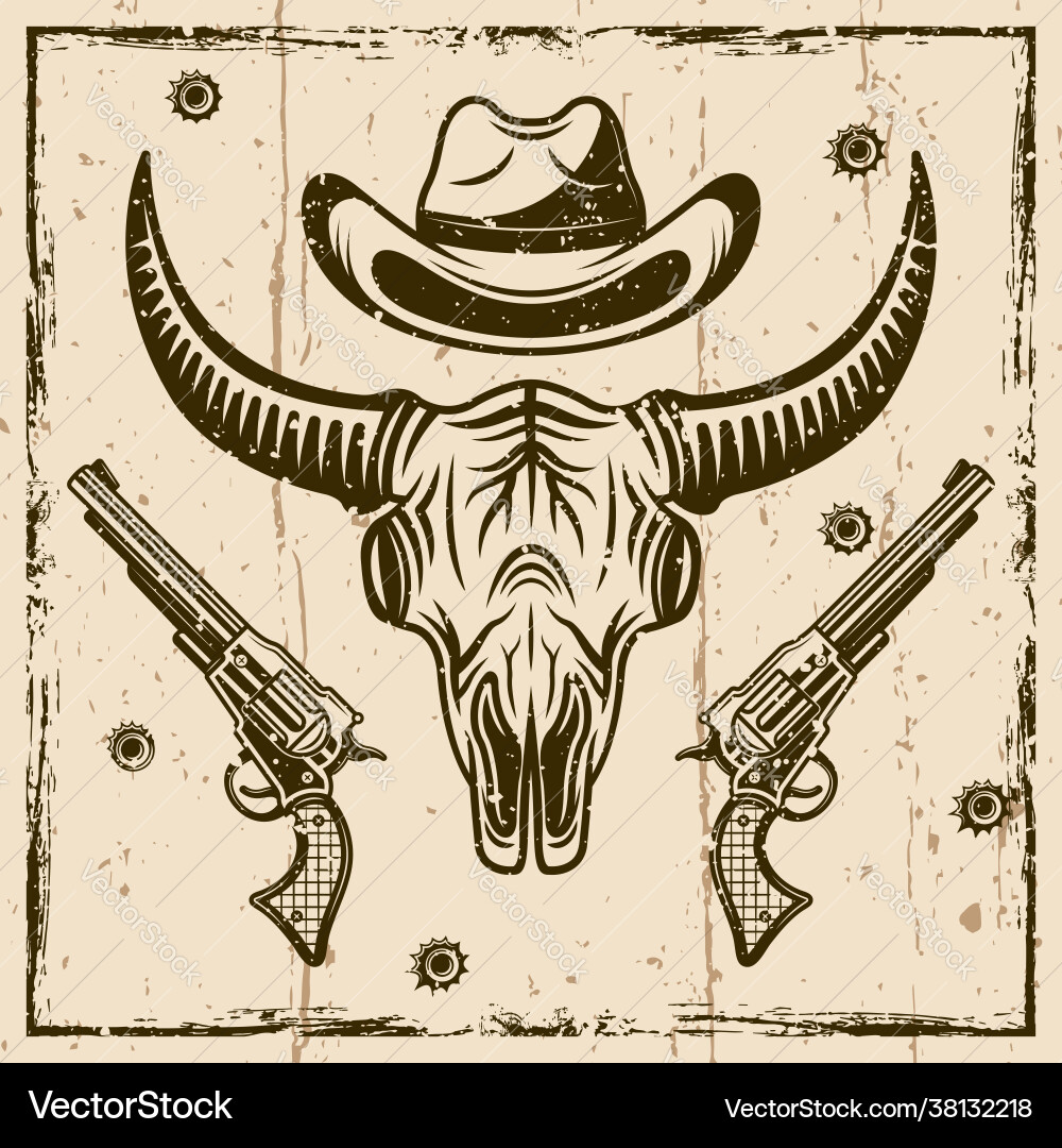 Buffalo skull cowboy hat and two pistols Buffalo skull cowboy hat and two pistols vector image
