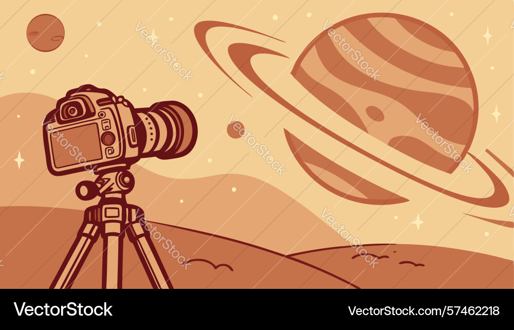 Camera on tripod ringed planet flat art design Vector Image