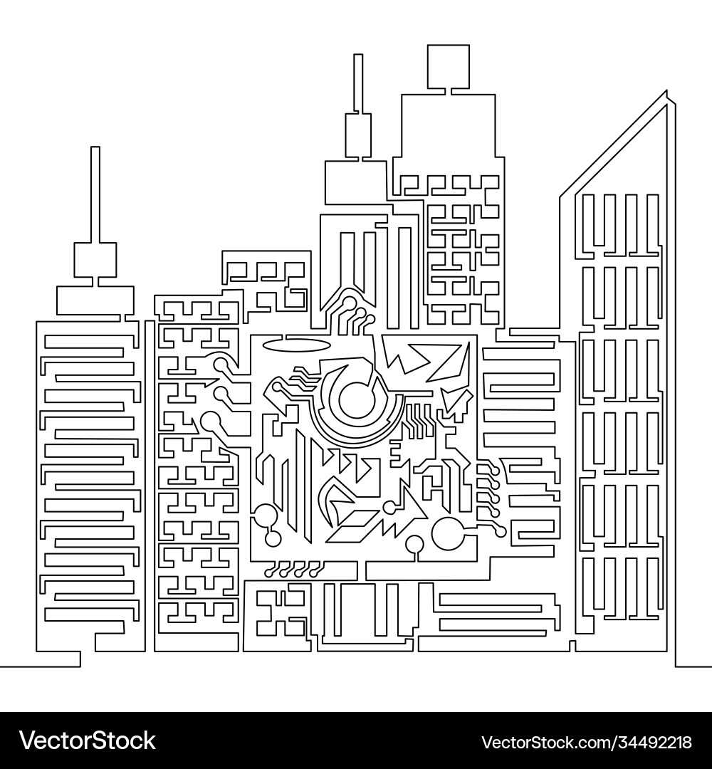 Continuous line digital microchip city concept Continuous line digital microchip city concept vector image