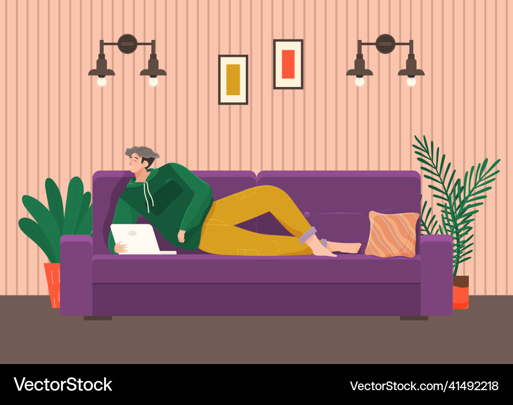 Man lying on couch with computer holding laptop Man lying on couch with computer holding laptop vector image