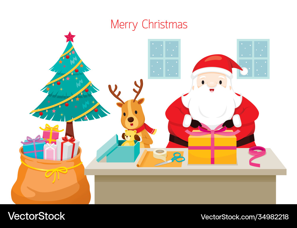 Santa claus mit Rentiere helfen Geschenke zu wickeln Santa claus mit Rentiere helfen Geschenke zu wickeln vektorbild
