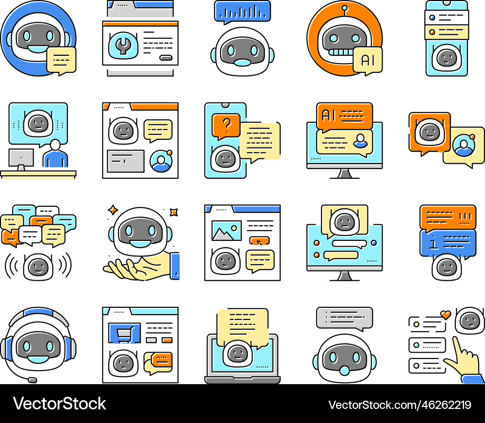 Chat bot robot service online icons set Chat bot robot service online icons set vector image