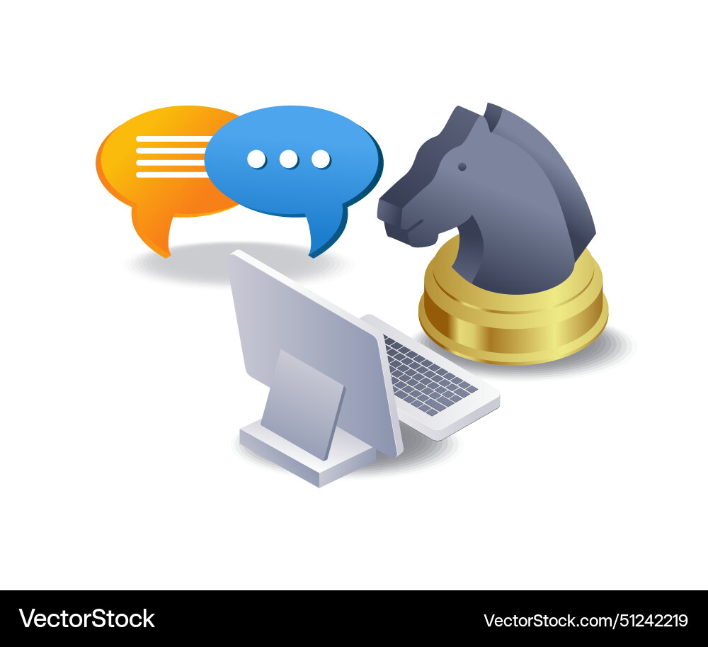 Horse talking on computer infographic 3d flat vector image