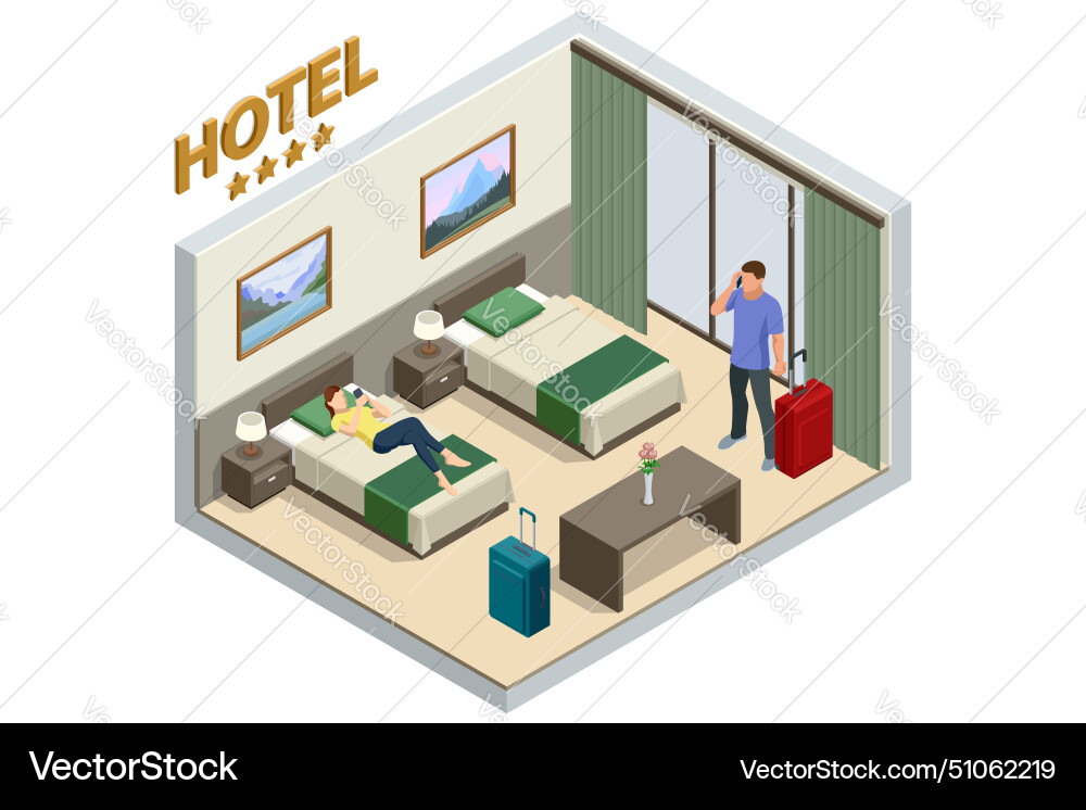 Isometric modern bedroom suite in hotel Royalty Free Vector