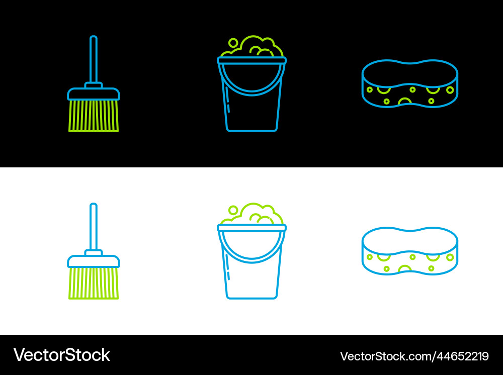 Set line sponge handle broom and bucket with foam Set line sponge handle broom and bucket with foam Vector Image