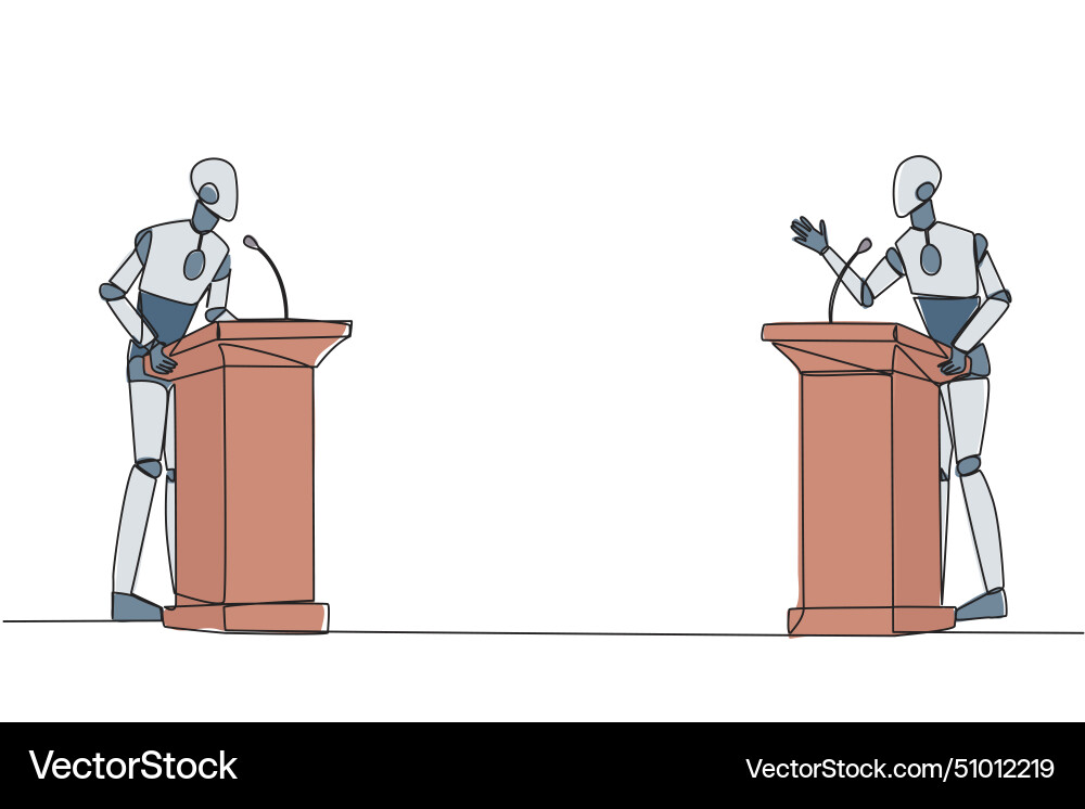 Single one line drawing two robot arguing Single one line drawing two robot arguing vector image