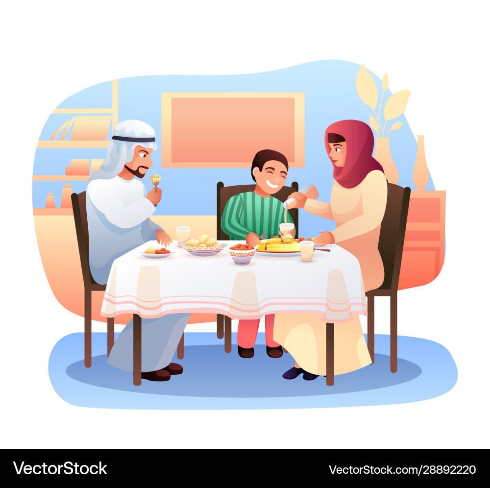 Arab family having dinner flat Arab family having dinner flat vector image