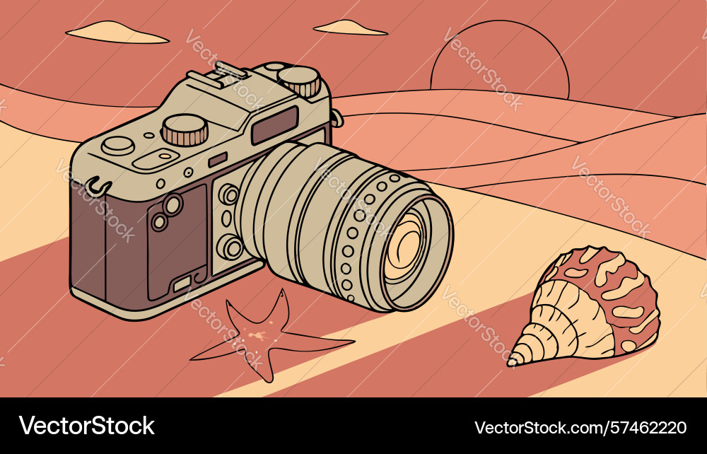 Camera and seashell in coastal landscape art Vector Image