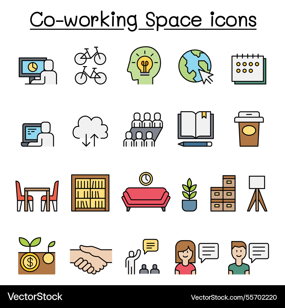 Co-working space icon set in colorline style Co-working space icon set in colorline style vector image